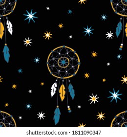 Seamless vector pattern with dream catcher and stars on black background. Spirituality gypsy wallpaper design. Hippy fashion textile.