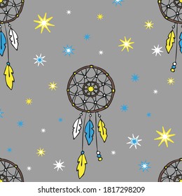 Seamless vector pattern with dream catcher and stars on grey background. Simple talisman wallpaper design. Gypsy fashion textile.