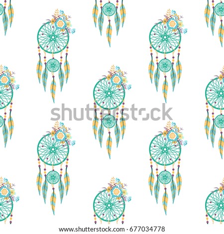 Seamless vector pattern of dream catchers on a white background with flowers.