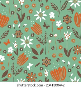 Seamless vector pattern with dream garden on green background. Romantic flower meadow wallpaper design. Decorative vintage floral fashion textile.