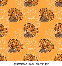 Seamless vector pattern. Dried oranges slices and anise pattern on the bright orange background.