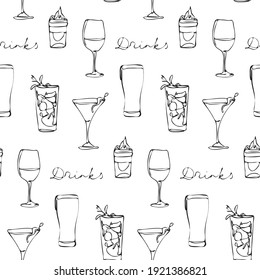 Seamless vector pattern with drinks in line art style