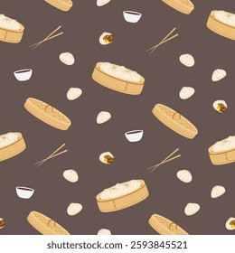 Seamless vector pattern of dumplings, dim sum, xiaolongbao in bamboo steamers. Chinese cuisine, soy sauce, chopsticks for textiles, wrapping paper, menus, restaurant designs and web banners.