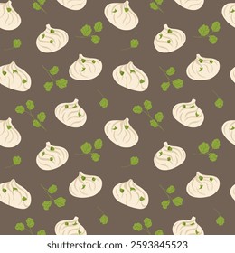 Seamless vector pattern of dumplings, dim sum, parsley. Chinese cuisine print for textiles, wrapping paper, menus, restaurant designs and web banners.