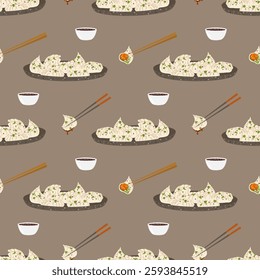 Seamless vector pattern of dumplings, gyoza on a plate. Chinese cuisine, soy sauce, chopsticks for textiles, wrapping paper, menus, restaurant designs and web banners.