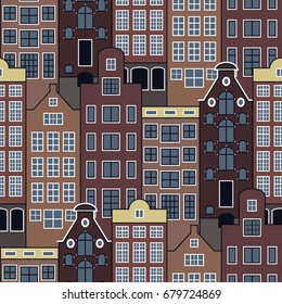 Seamless vector pattern of Dutch houses. Amsterdam city buildings 
