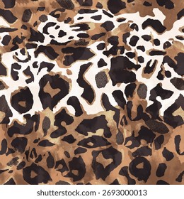 Seamless vector pattern with a dynamic and stylish leopard print featuring earthy brown, black, and cream tones. This wild animal skin allover design is perfect for fashion and textile projects.

