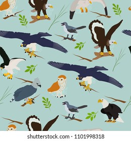 Seamless vector pattern with an eagle, falcon and an owl on a blue background