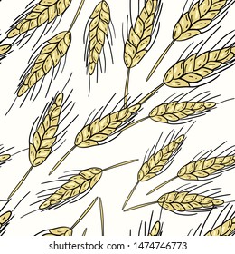 Seamless vector pattern with ears of wheat on white background. Wallpaper, fabric and textile design. Cute wrapping paper pattern with ears. Good for printing.