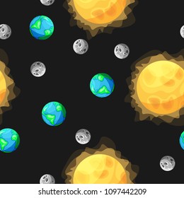 Seamless vector pattern with Earth, Moon and Sun on black background.  Flat cartoon collection of heavenly bodies. Design for web page backgrounds, fabric, wallpaper, textile and decor.