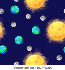 Seamless vector pattern with Earth, Moon and Sun on dark blue background.  Flat cartoon collection of heavenly bodies. Design for web page backgrounds, fabric, wallpaper, textile and decor.