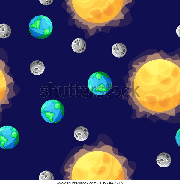 Seamless vector pattern with Earth, Moon and Sun\
on dark blue background.  Flat cartoon collection of heavenly\
bodies. Design for web page backgrounds, fabric, wallpaper, textile\
and decor.