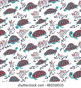 Seamless vector pattern with earthen turtle in the reeds. Marshland rural background with reptiles, ponds and canes