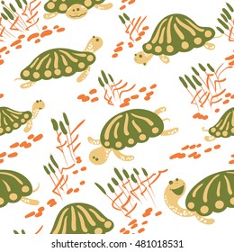 Seamless vector pattern with earthen turtle in the reeds. Marshland rural background with reptiles, ponds and canes