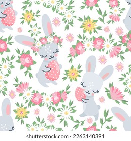 Seamless vector pattern. Easter bunnies with eggs. Floral wreaths, peonies, roses, daisies, leaves. Spring bright pattern 