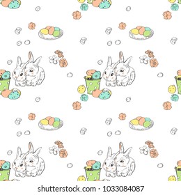 Seamless vector pattern with easter bunny and eggs. Happy easter printable background. 