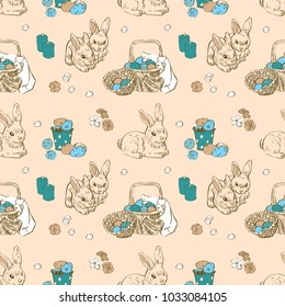 Seamless vector pattern with easter bunny and eggs. Happy easter printable background. 