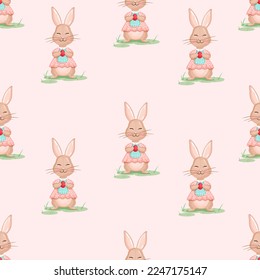 Seamless vector pattern with easter bunny and egg. Vector illustration for fabric, texture, wallpaper, poster, postcard. Editable elements. Spring design.