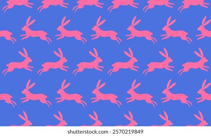 Seamless vector pattern with easter bunny elements. Rabbit silhouette in pink and blue trendy colors.