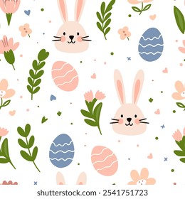 Seamless vector pattern for Easter. Seamless pattern of colorful silhouettes of rabbits, eggs and wild flowers.