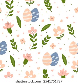 Seamless vector pattern for Easter. Seamless pattern of colorful silhouettes of rabbits, eggs and wild flowers.