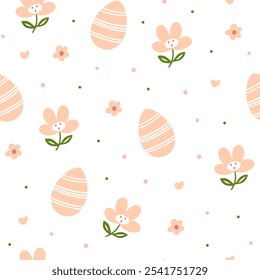 Seamless vector pattern for Easter. Seamless pattern of colorful silhouettes of rabbits, eggs and wild flowers.