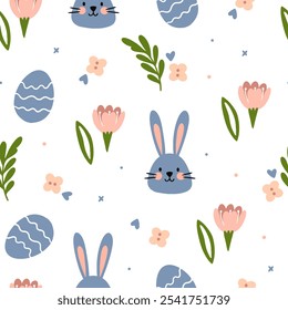Padrão de vetor perfeito para a Páscoa. Padrão contínuo de silhuetas coloridas de coelhos, ovos e flores selvagens.