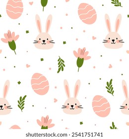 Seamless vector pattern for Easter. Seamless pattern of colorful silhouettes of rabbits, eggs and wild flowers.