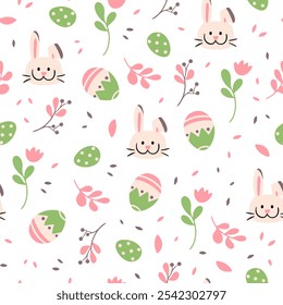 Padrão de vetor perfeito para a Páscoa. Padrão contínuo de silhuetas coloridas de coelhos, ovos e flores selvagens.