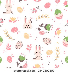 Seamless vector pattern for Easter. Seamless pattern of colorful silhouettes of rabbits, eggs and wild flowers.