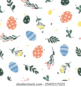 Seamless vector pattern for Easter. Seamless pattern of colorful silhouettes of rabbits, eggs and wild flowers.