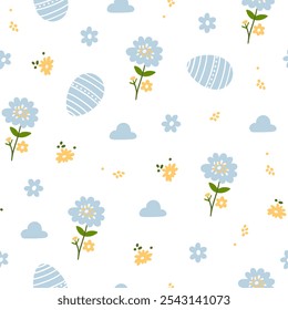 Seamless vector pattern for Easter. Seamless pattern of colorful silhouettes of rabbits, eggs and wild flowers.
