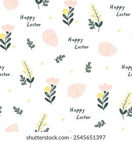 Padrão de vetor perfeito para a Páscoa. Padrão contínuo de silhuetas coloridas de coelhos, ovos e flores selvagens.	
