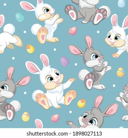 Seamless vector pattern with Easter concept. White and gray bunnies and easter eggs. Colorful illustration isolated on blue background. For print, t-shirt, design, wallpaper, decor, textile