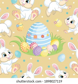 Seamless vector pattern with Easter concept. White bunnies runs around big easter egg. Colorful illustration isolated on beige background. For print, t-shirt, design, wallpaper, decor, textile