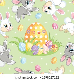 Seamless vector pattern with Easter concept. White and gray bunnies runs around big easter egg. Colorful illustration isolated on green background. For print, t-shirt, design, wallpaper, decor,textile