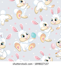 Seamless vector pattern with Easter concept. Cute white easter rabbits. Colorful illustration isolated on soft gray background. For print, t-shirt, design, wallpaper, decor, textile