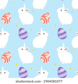 Seamless vector pattern with Easter concept. Colorful illustration isolated on blue background. For print, t-shirt, design, wallpaper, decor, textile