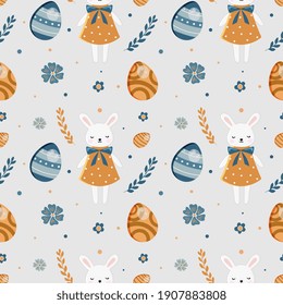 Seamless vector pattern with Easter concept.  Colorful illustration isolated on blue background. For print, t-shirt, design, wallpaper, decor, textile