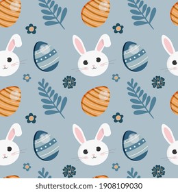 Seamless vector pattern with Easter concept.  Colorful illustration isolated on blue background. For print, t-shirt, design, wallpaper, decor, textile
