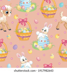 Seamless vector pattern with Easter concept. White rabbit, lamb and basket with easter eggs. Colorful illustration isolated on pink background. For print, t-shirt, design, wallpaper, decor, textile