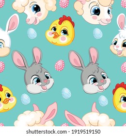 Seamless vector pattern with Easter concept. Heads of cute rabbits, lambs and chickens. Colorful illustration isolated on turquoise background. For print, t-shirt,design,wallpaper, decor,textile,linen