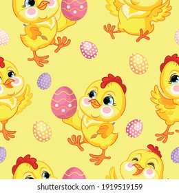 Seamless vector pattern with Easter concept. Cute chickens and easter eggs. Colorful illustration isolated on yellow background. For print, t-shirt,design,wallpaper, decor, textile, linen
