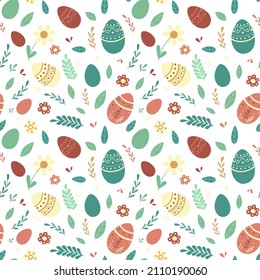 Seamless vector pattern for Easter day, cute stylish patterns, Easter objects, eggs, leaves and twigs, delicate print, flowers