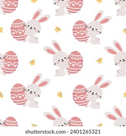 Seamless vector pattern for Easter day. Cute bunny running with Easter egg, butterflies 
