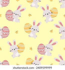 Seamless vector pattern for Easter day. Cute bunny running with Easter egg, butterflies 