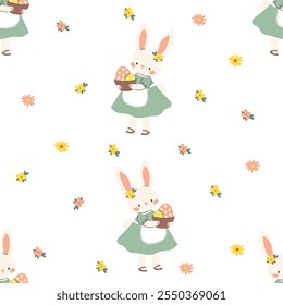 Seamless vector pattern for easter day. Cute bunny in a dress holding a basket with eggs, daisies and flowers on white background 