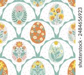 Seamless vector pattern with Easter eggs in folk style. Ideal for printing on fabric, wrapping paper, greeting cards, and holiday home decor. 