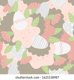 Seamless vector pattern with Easter eggs, flowers and leaves. Abstract square composition