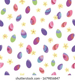 Seamless vector pattern of Easter eggs and flowers. Suitable for packaging, fabrics, wallpapers and simple colorings. Easter background. 